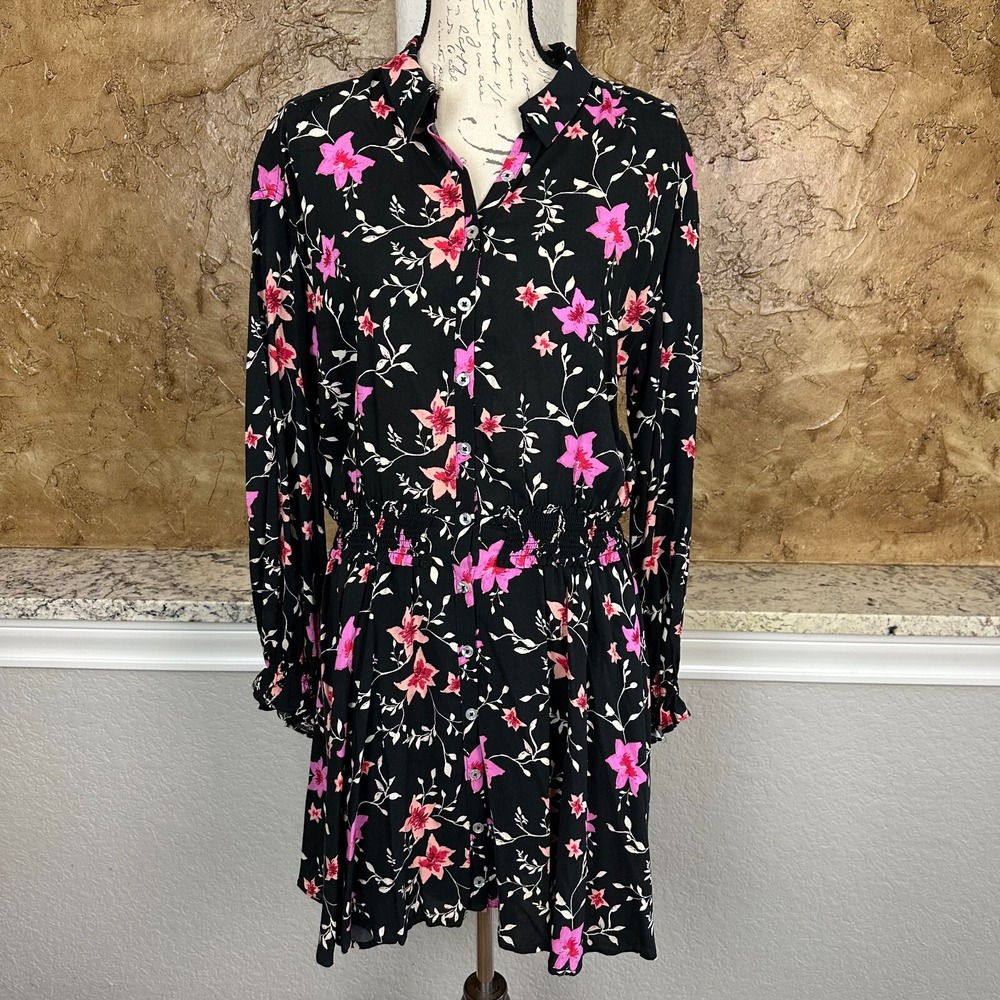Free People Dress Women Medium Mini Lighten Up Floral Pockets Smocked Black